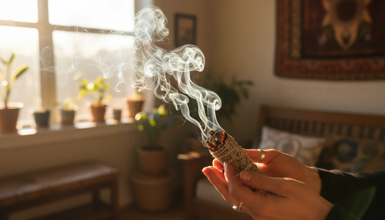 hands holding a burning sage bundle with smoke rising