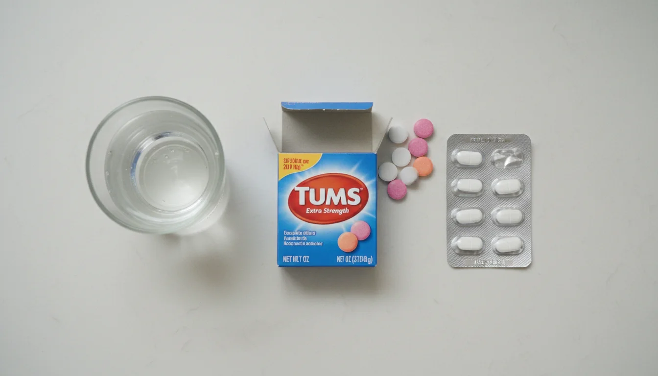 Antacid tablets and H2 blocker famotidine on a bathroom counter beside a glass of water