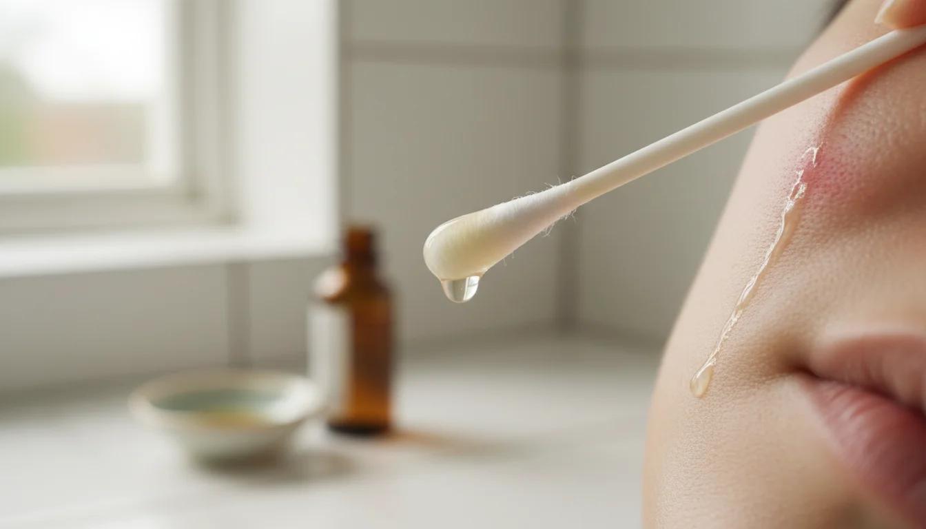 cotton swab applying diluted tea tree oil to acne spot