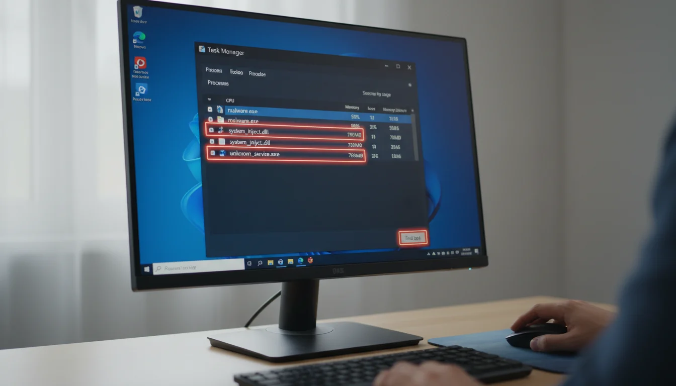 Windows Task Manager showing suspicious processes being terminated