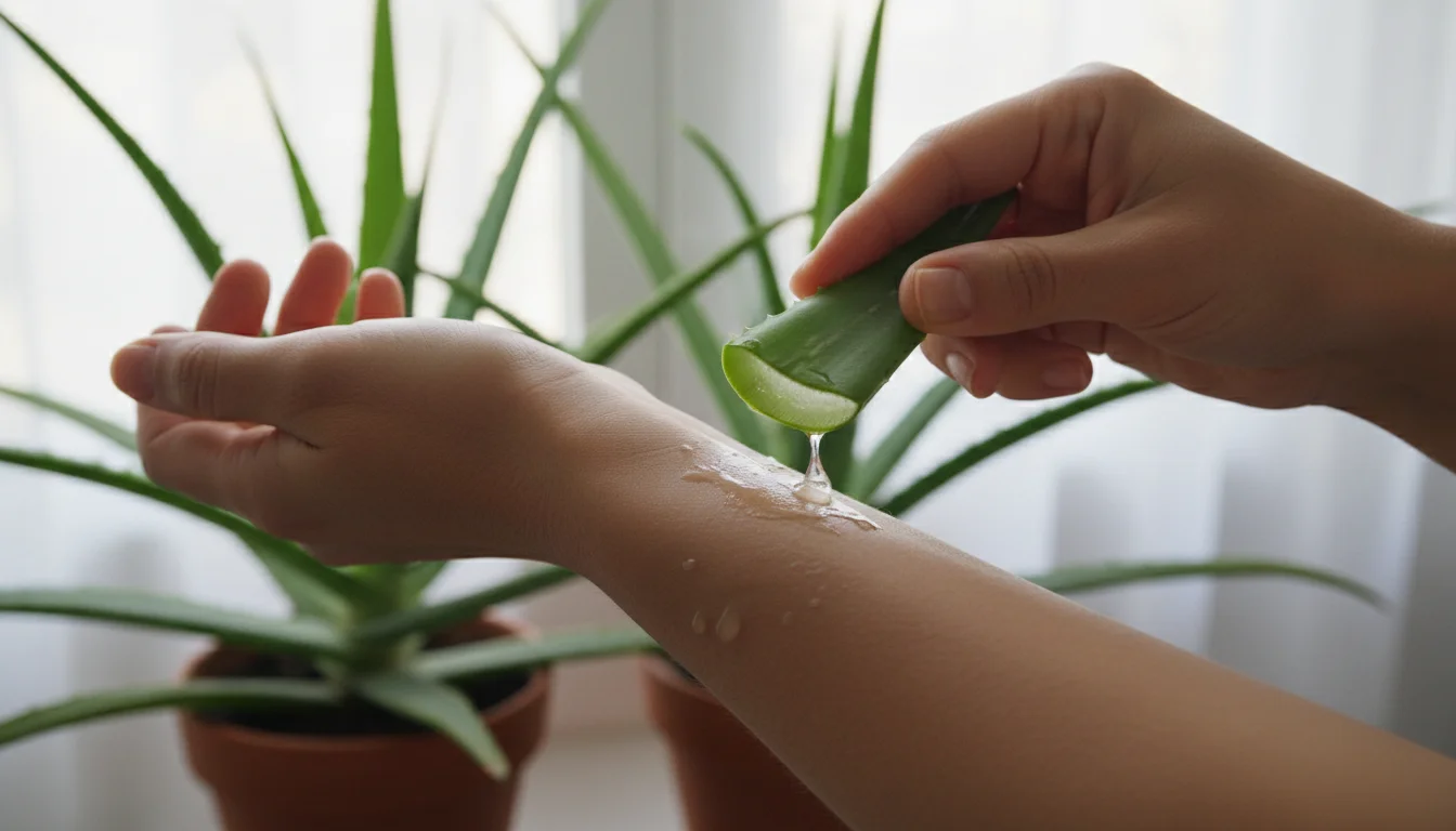 Applying aloe vera gel directly from plant to skin