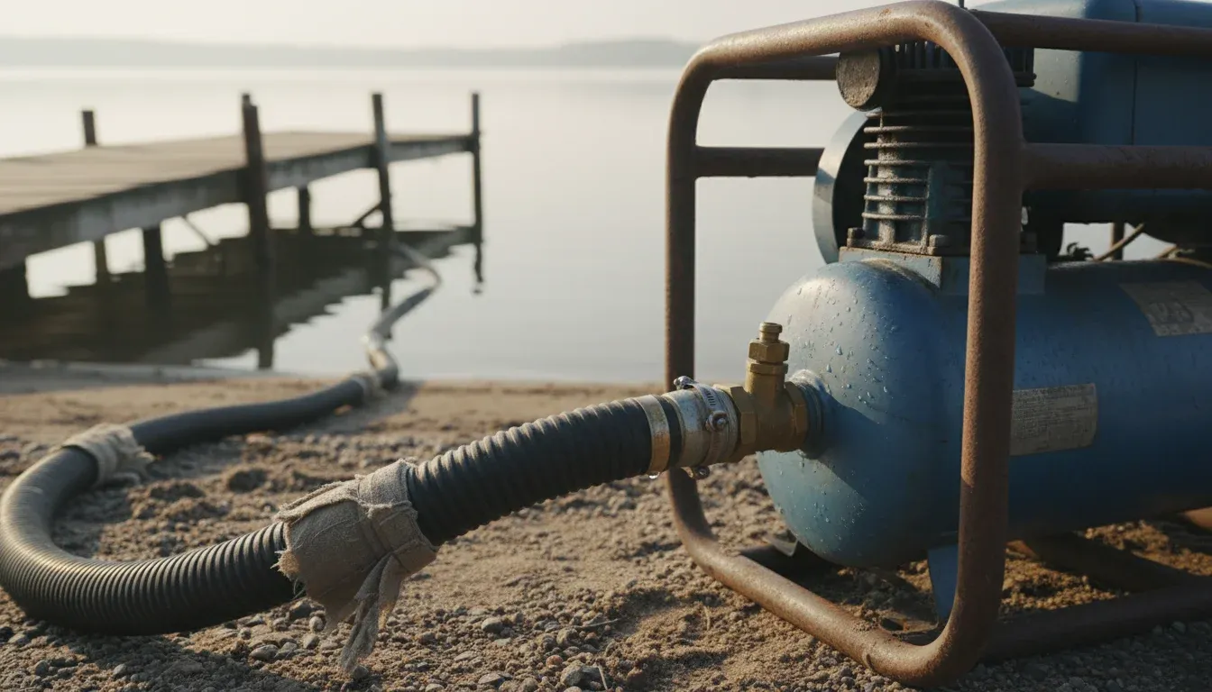 diffused aeration system with compressor and airline at lakeside