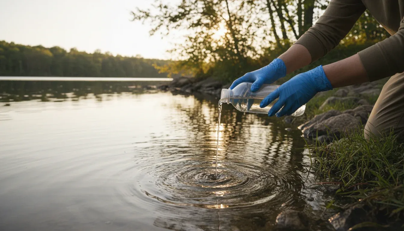 pouring beneficial bacteria treatment into lake water