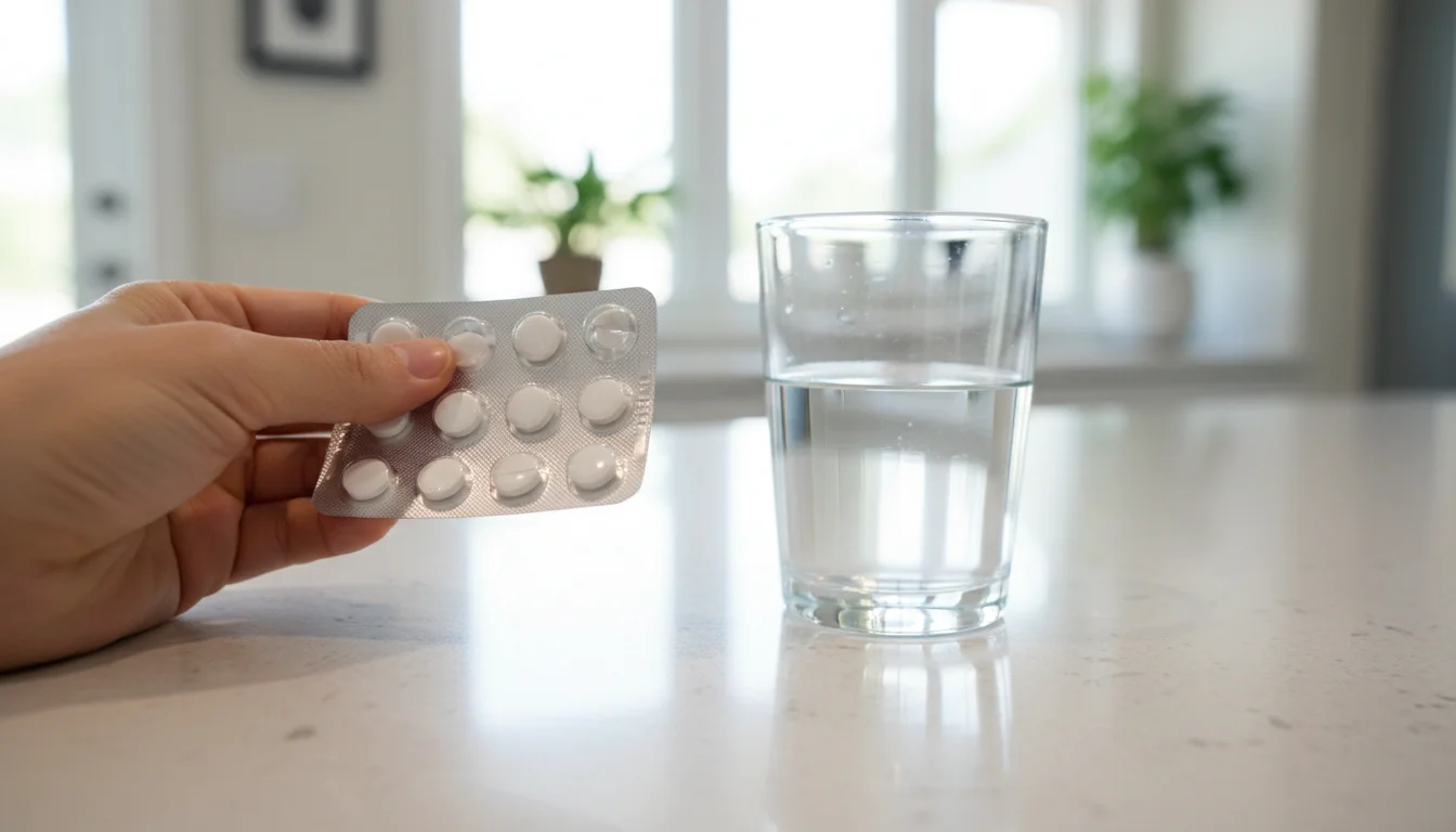 hand holding antihistamine medication blister pack with water glass