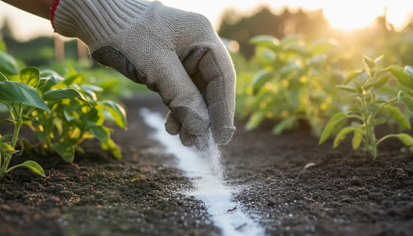 Gloved hand sprinkling diatomaceous earth along a garden bed edge