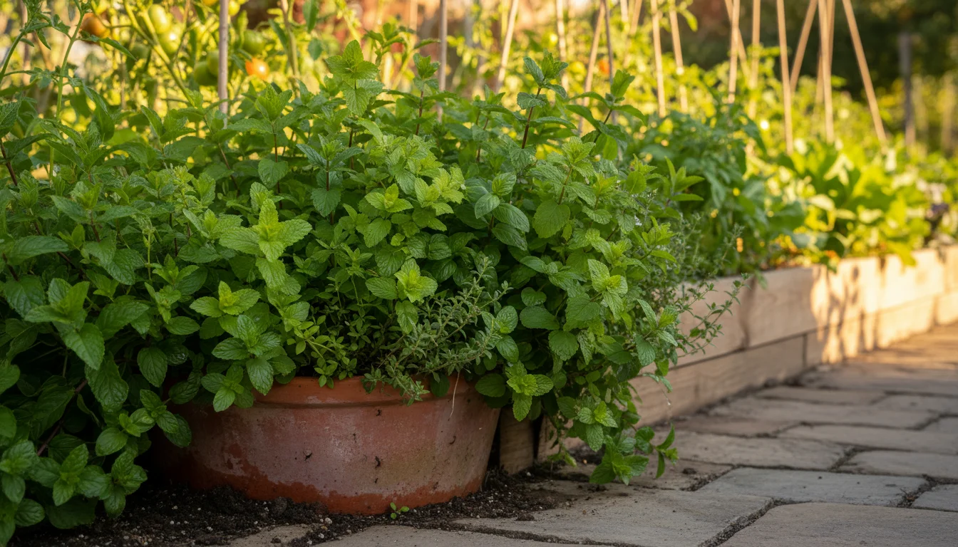 Mint growing in a container as a companion planting border next to vegetable beds
