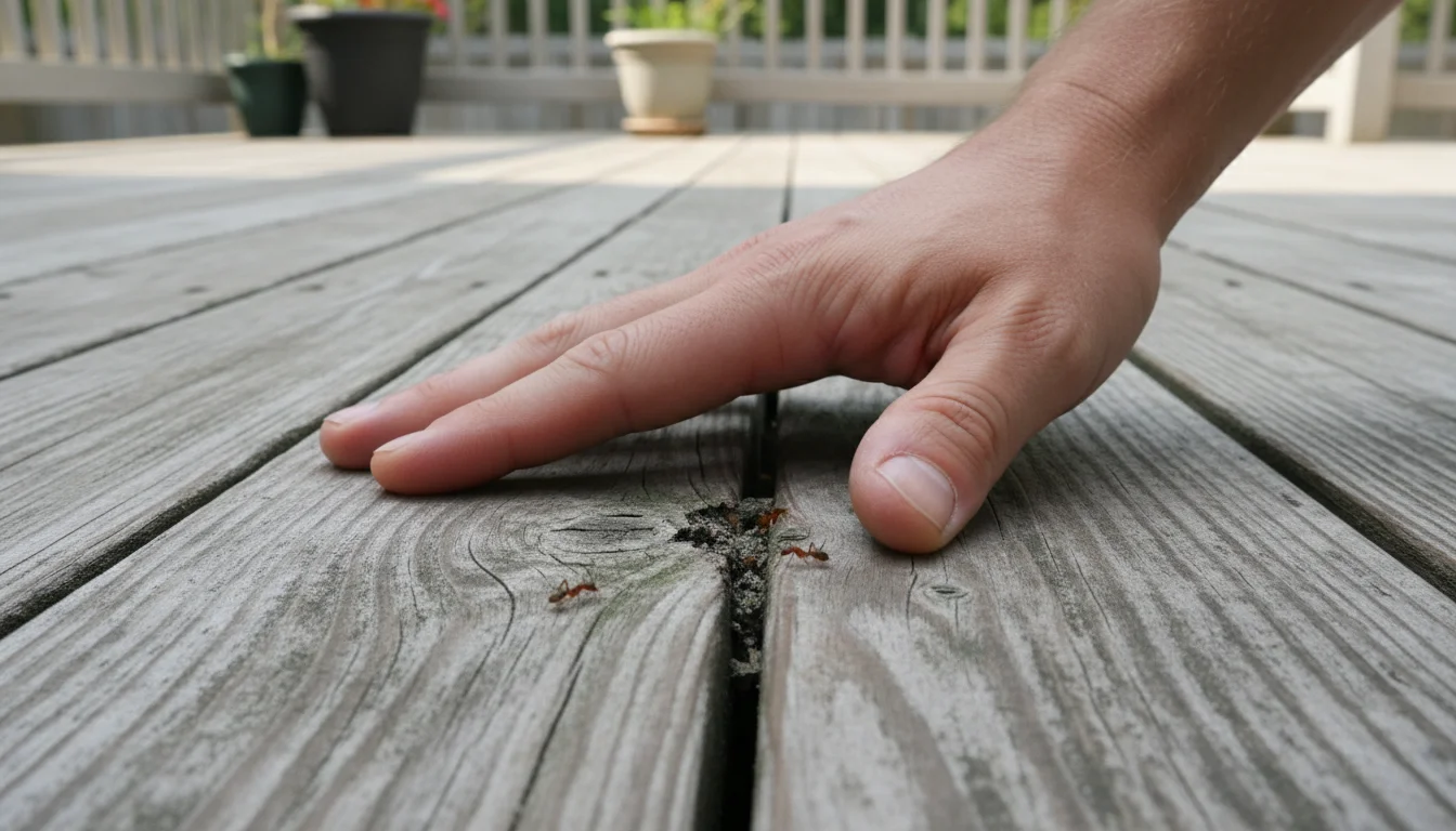 Hand testing a weathered deck board for soft spots caused by moisture damage and carpenter ants