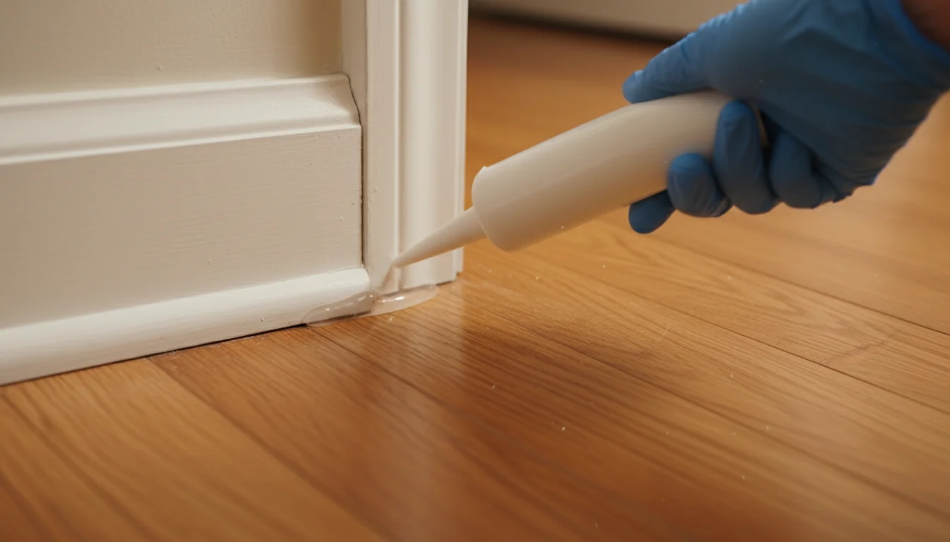 applying caulk to crack in baseboard with caulk gun