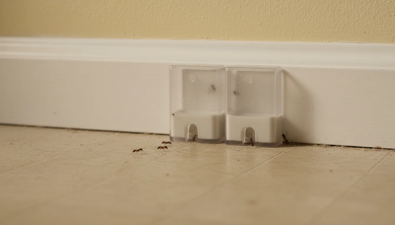Ant bait stations placed along a kitchen baseboard near a wall gap