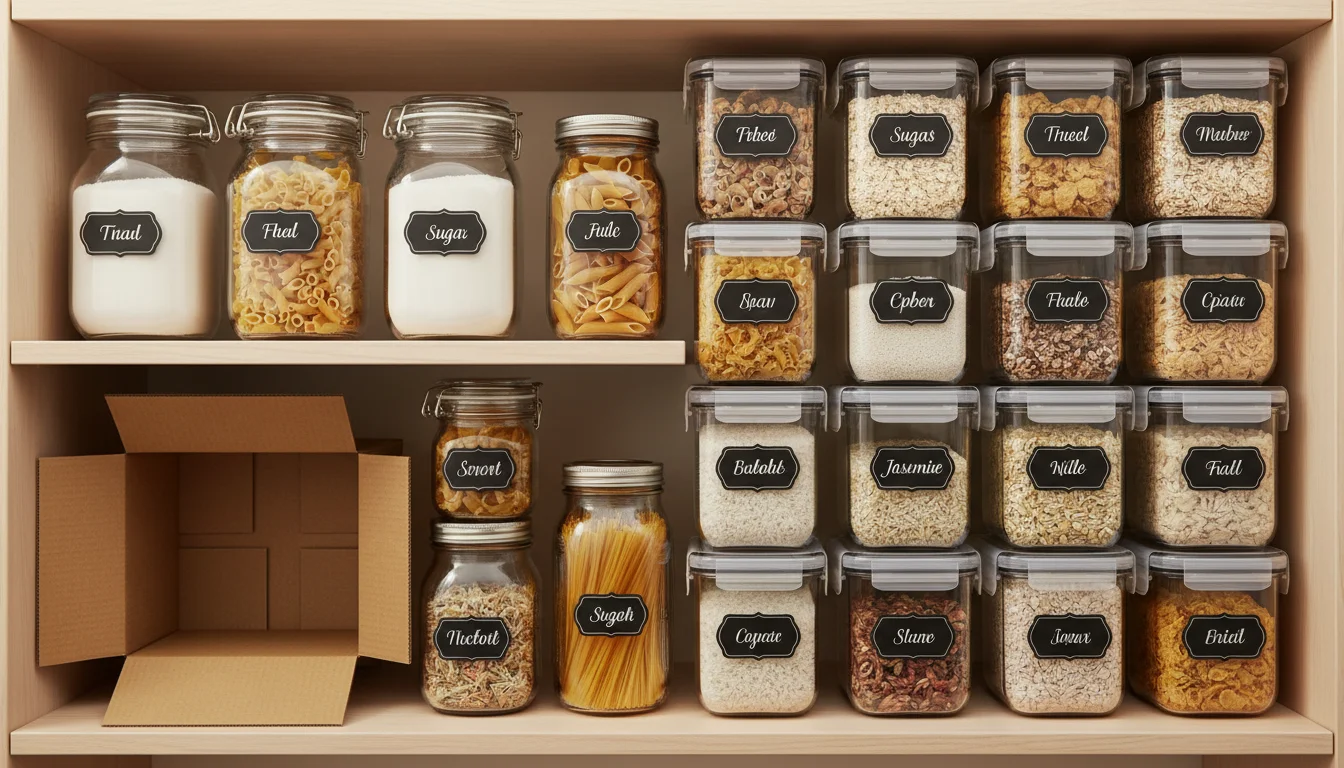 Pantry dry goods stored in sealed glass and plastic containers to deny ant access