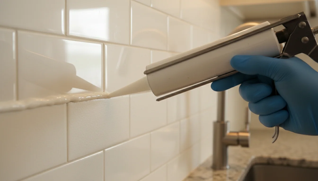 Applying silicone caulk to seal the gap between a kitchen countertop and wall