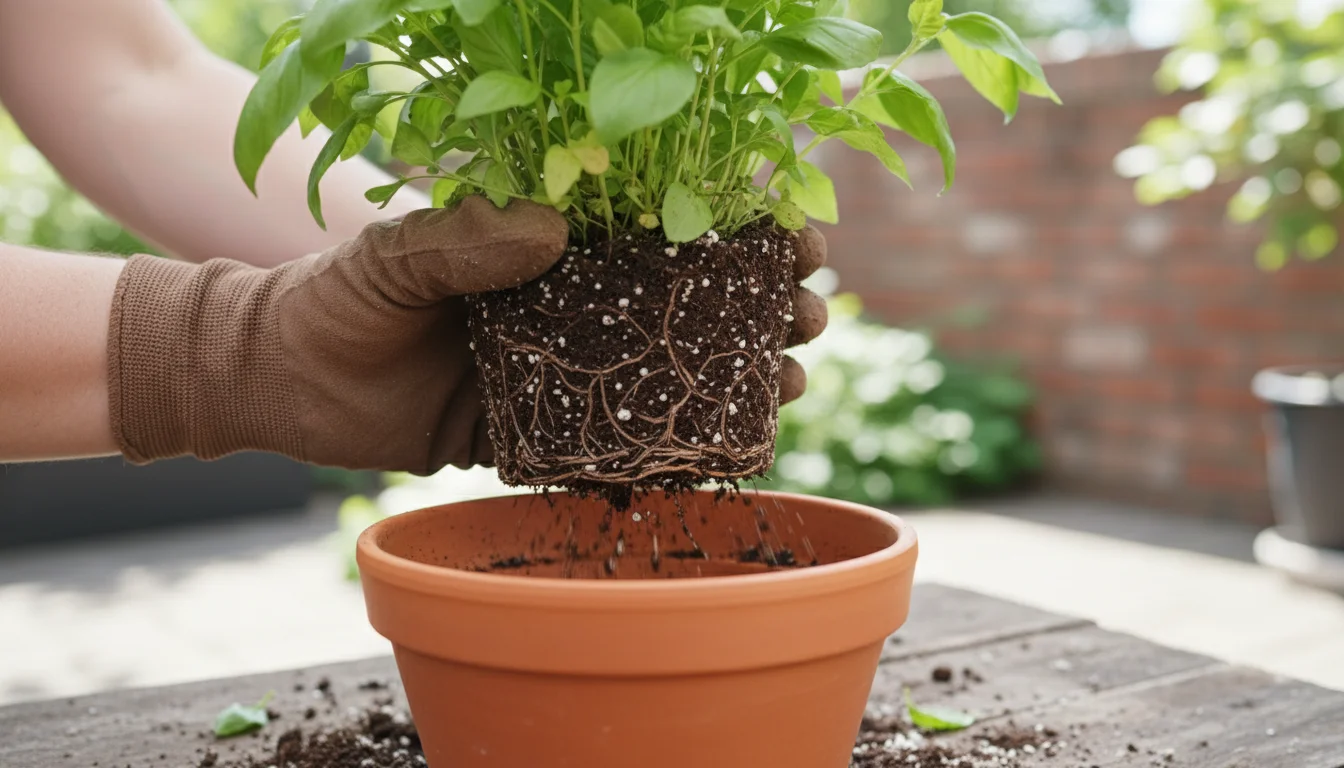 hands removing plant from pot to shake off ant-infested soil