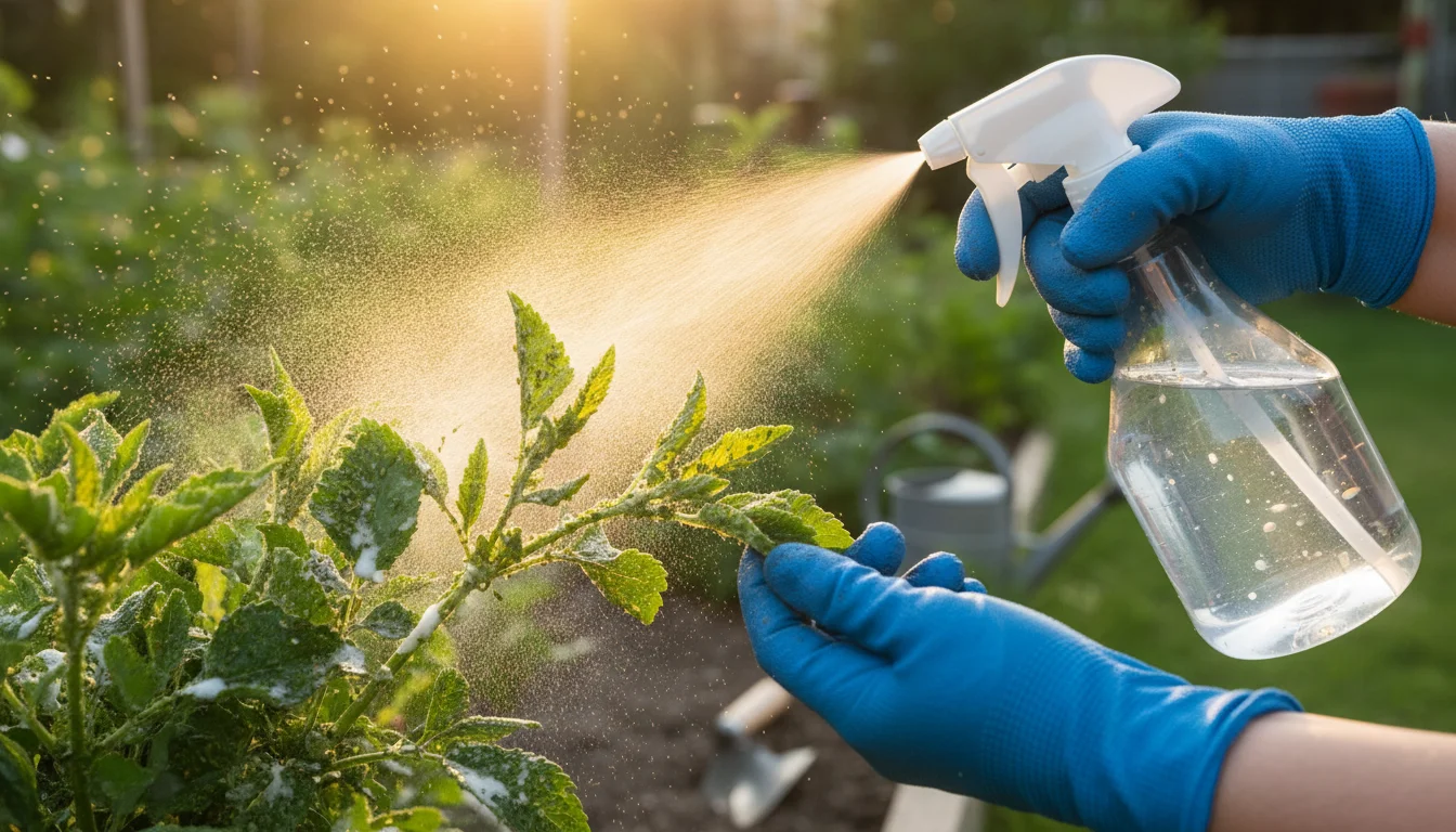 spraying soap solution on aphid-infested leaves
