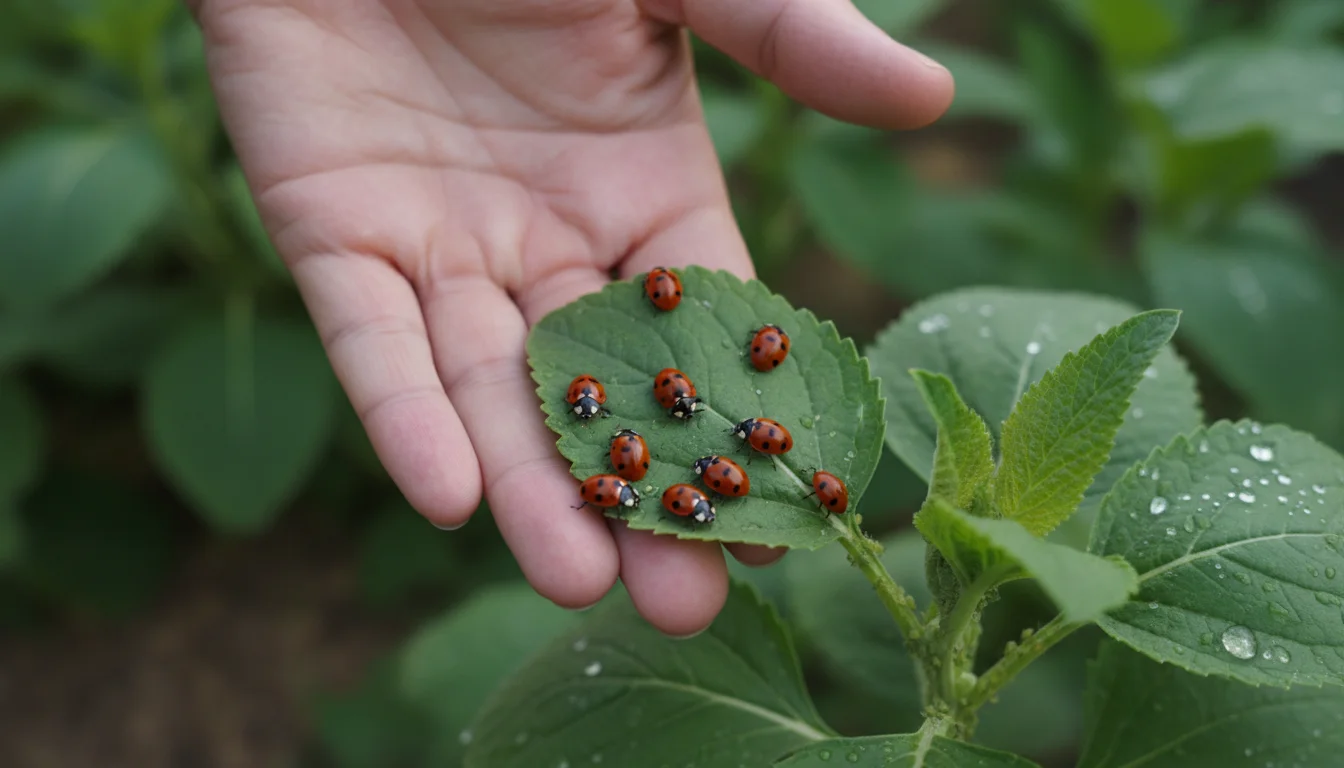 releasing ladybugs onto aphid-infested plant