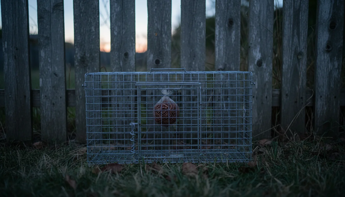 Live cage trap positioned along a fence line to catch armadillos at dusk