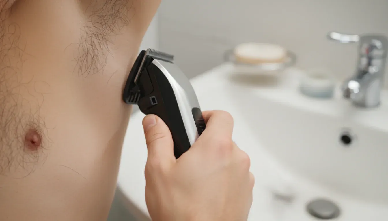 trimming underarm hair with electric clippers over bathroom sink