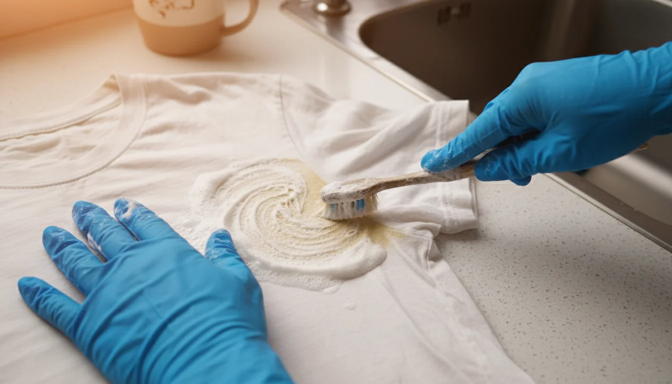 gloved hands scrubbing armpit stain with toothbrush and paste