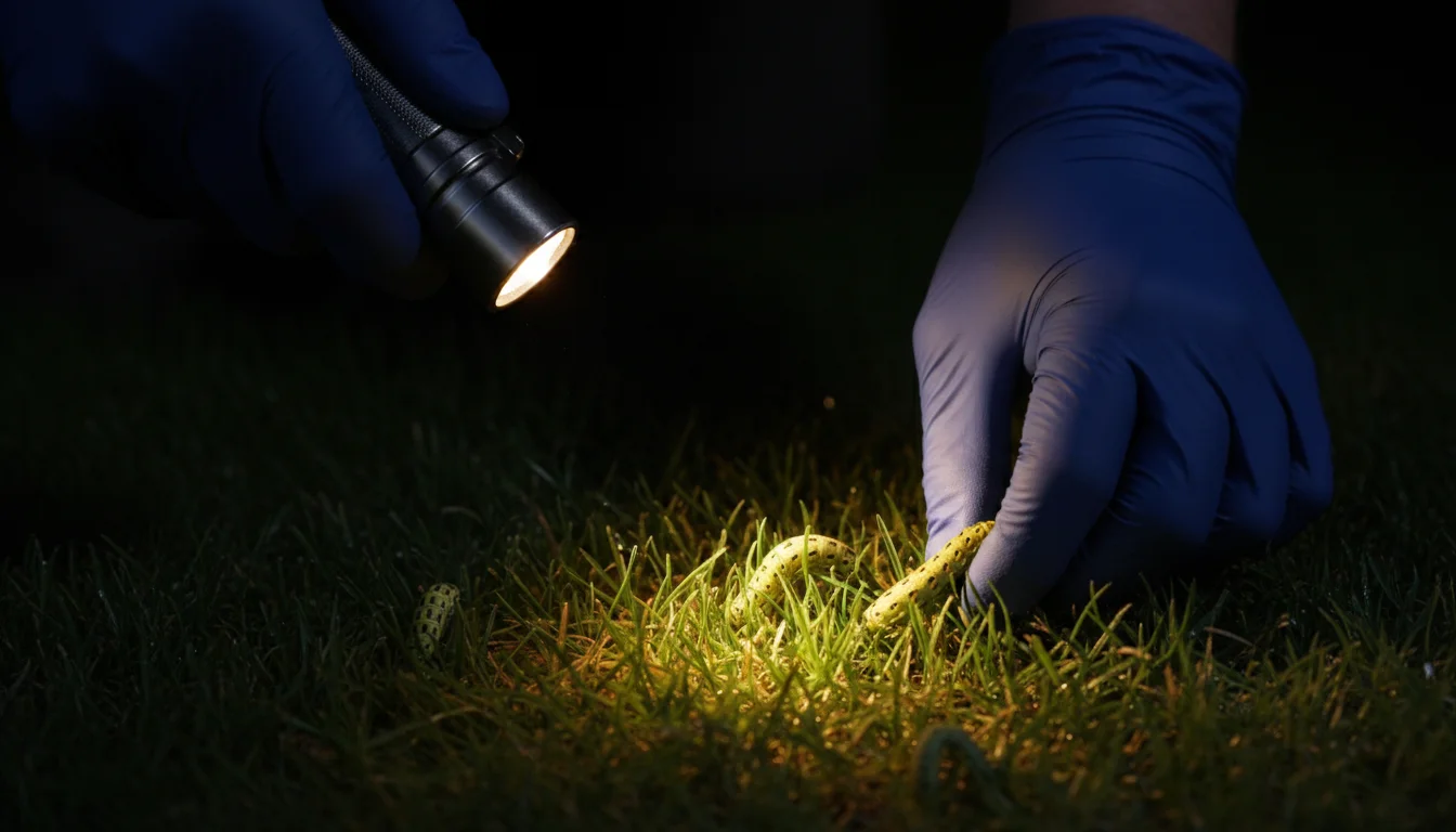 flashlight inspection revealing armyworms on grass at night
