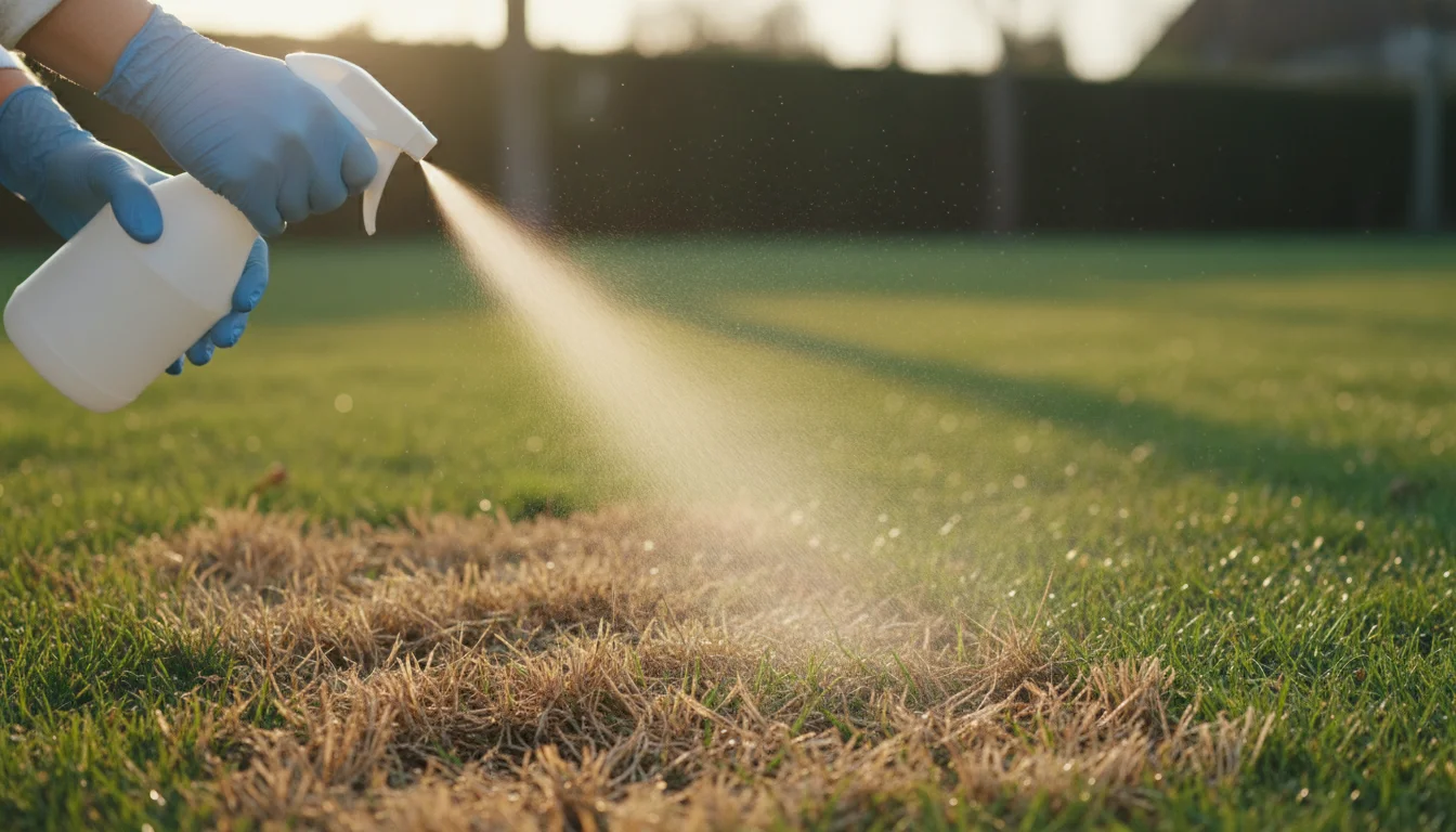 applying insecticide spray to armyworm-damaged lawn area