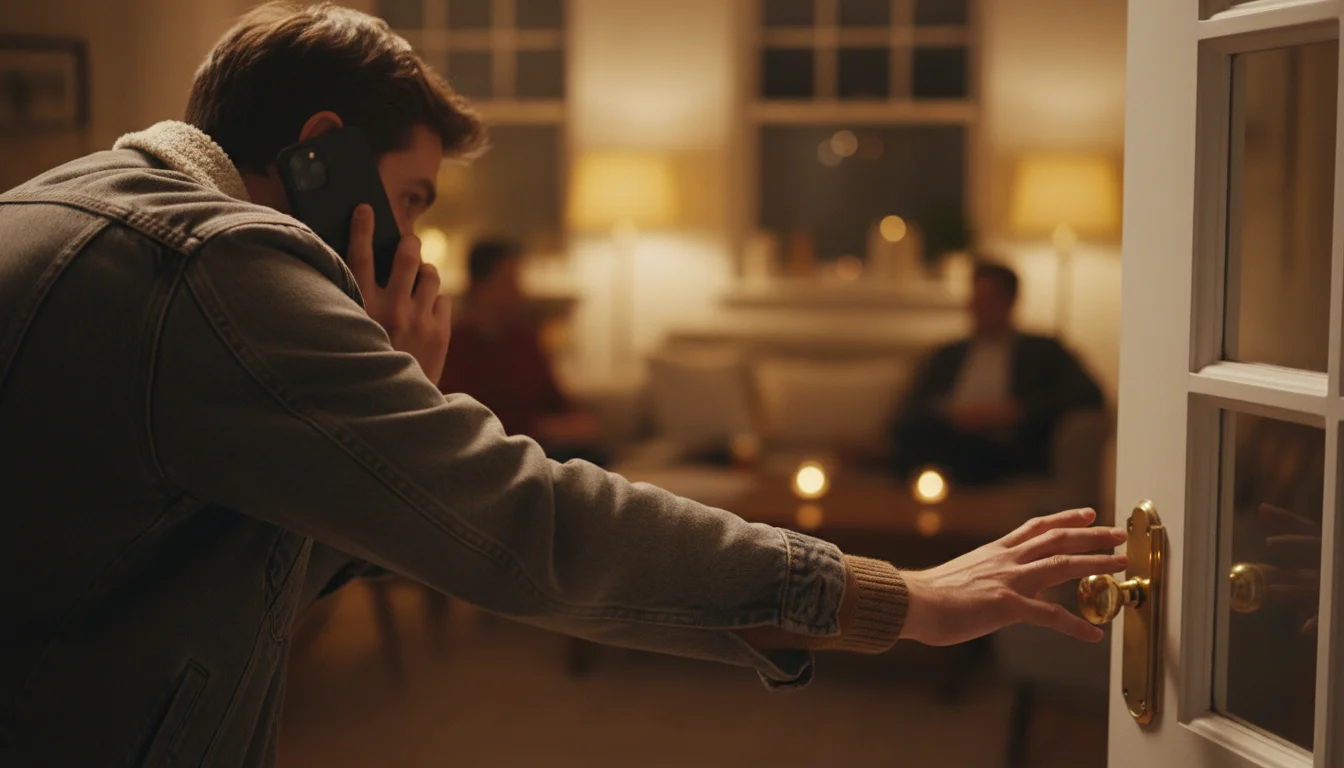 person holding phone to ear while reaching for door handle to leave a gathering