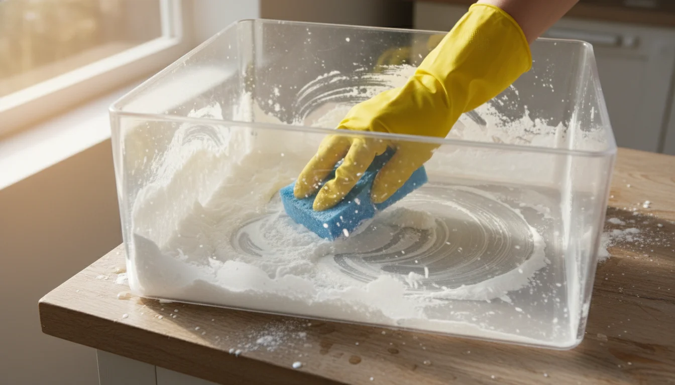 hand in yellow glove scrubbing refrigerator drawer with baking soda paste