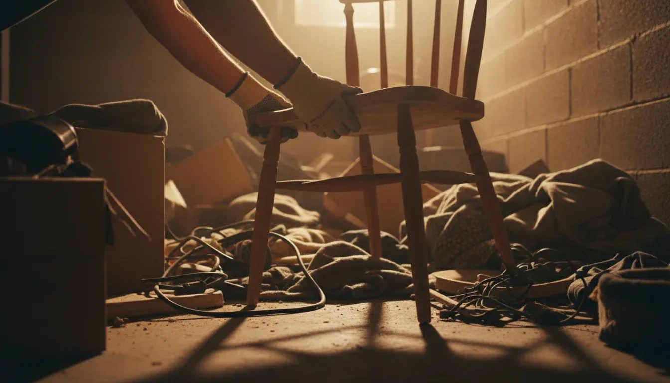 Gloved hands lifting an old wooden chair in a basement