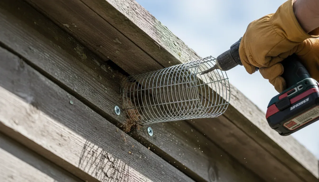 Gloved hands installing a one-way exclusion device on roof fascia