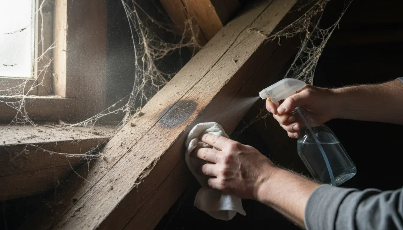 Hands cleaning and deodorizing wooden attic beams with spray bottle