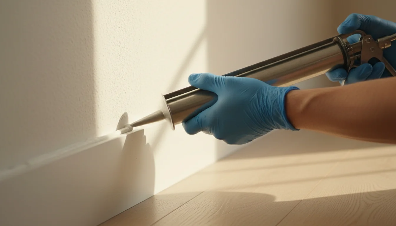 sealing baseboard crack with caulk gun