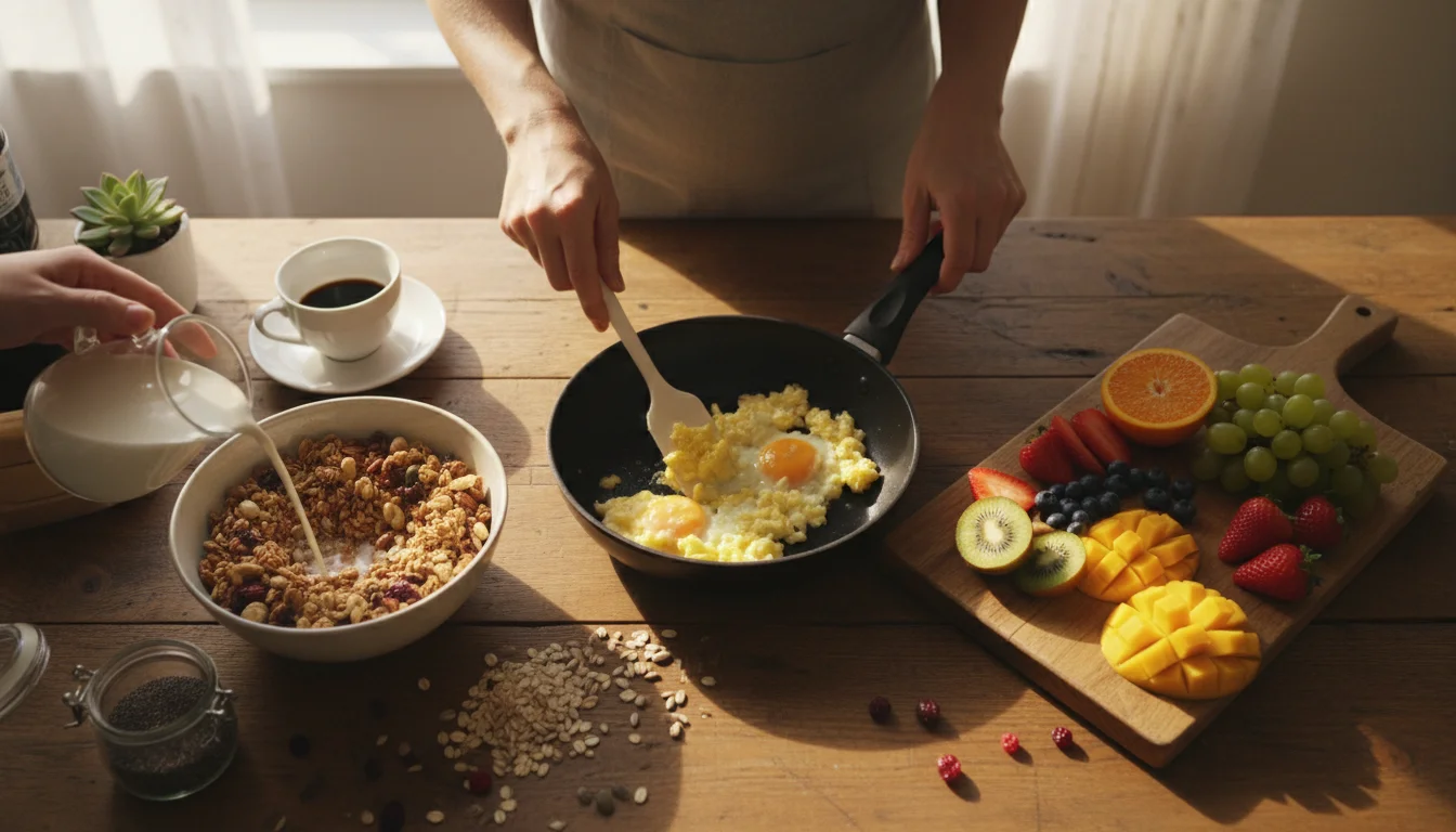 preparing hearty breakfast with eggs and protein-rich foods