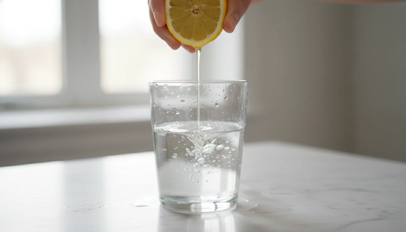 squeezing lemon into glass of water