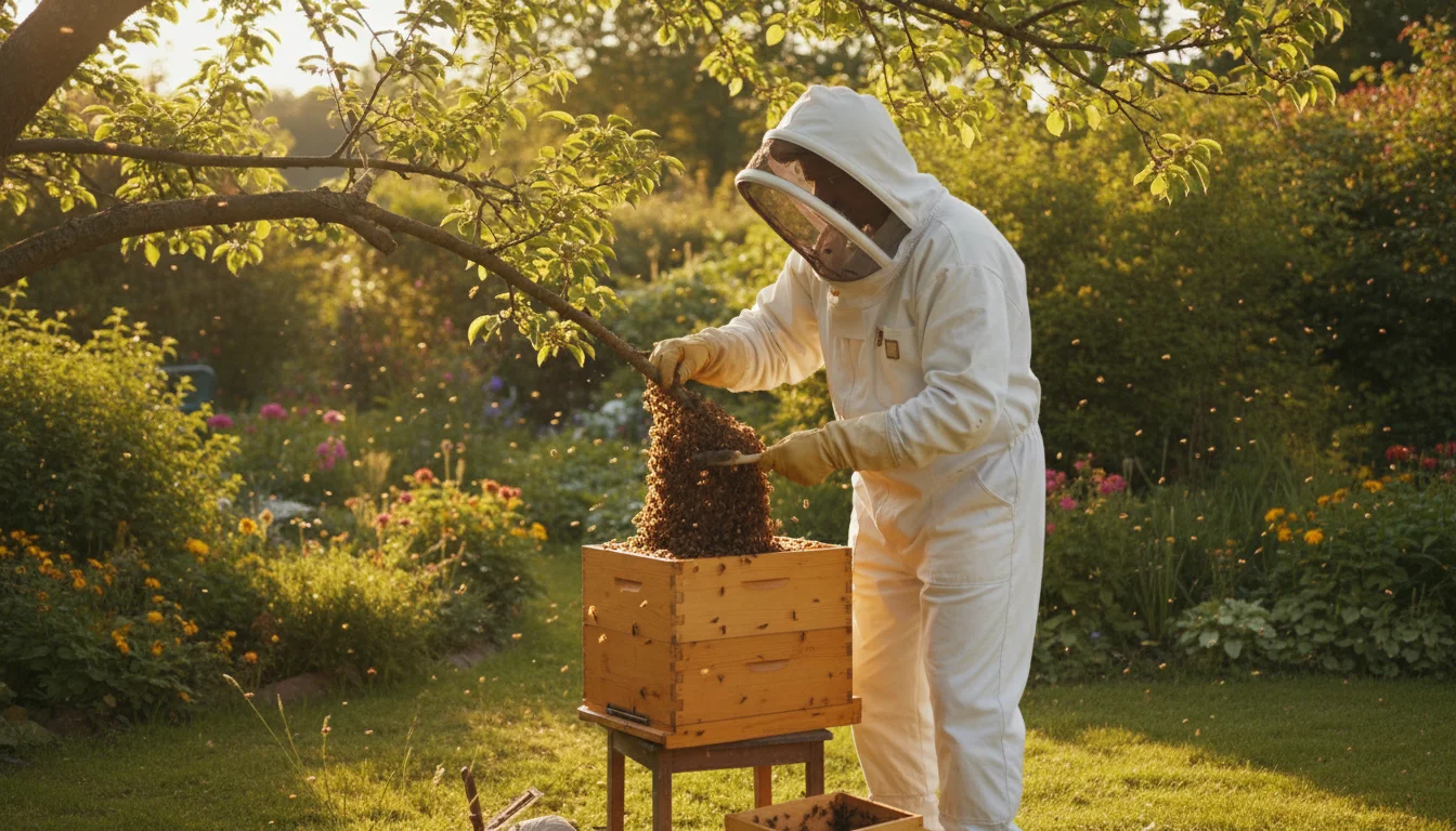 Beekeeper collecting a honeybee swarm from a tree branch