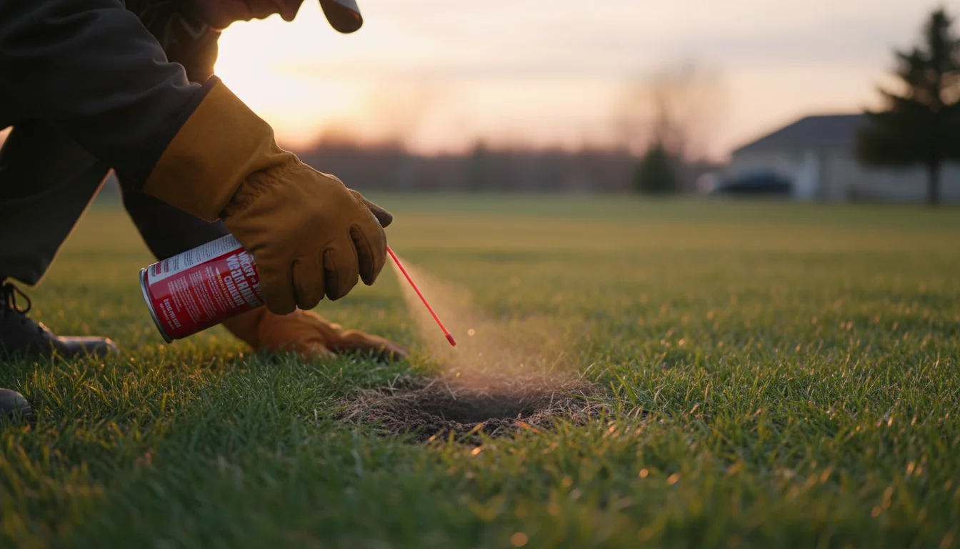 Spraying wasp and hornet insecticide into a ground bee nest entrance at dusk