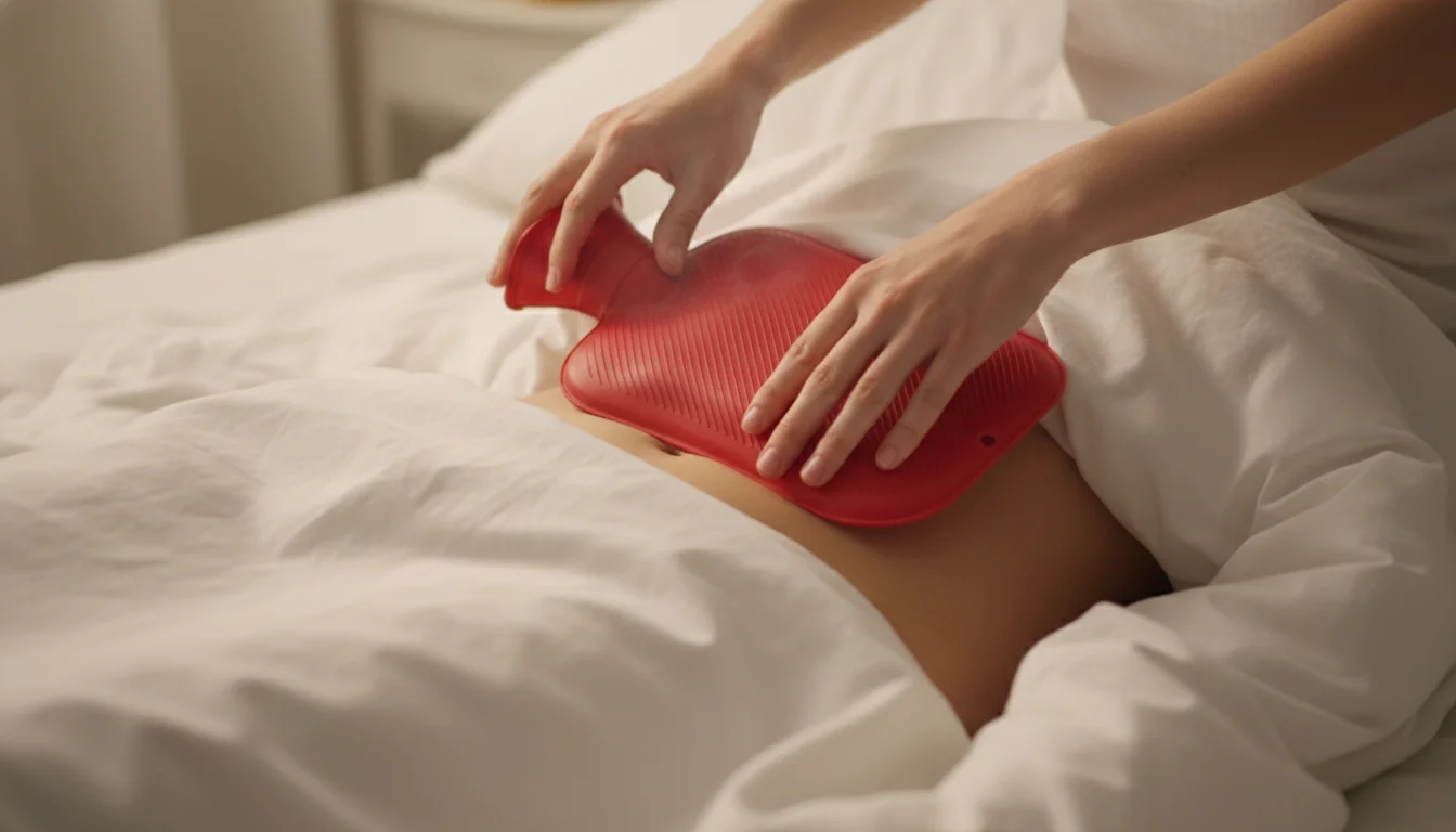 placing hot water bottle on stomach for pain relief