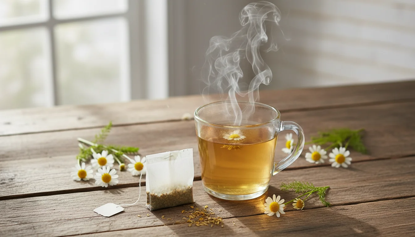 chamomile tea steeping in glass mug