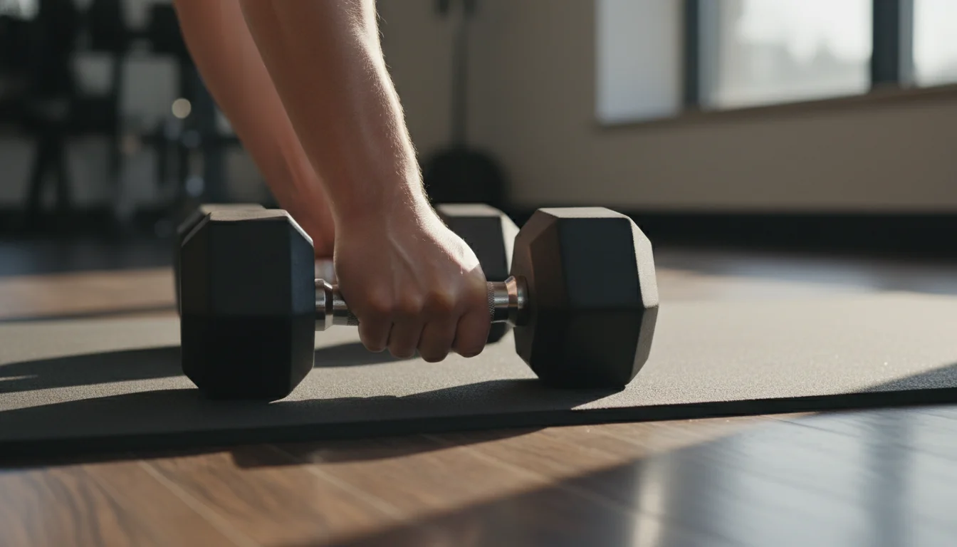 hands gripping dumbbell during strength training exercise