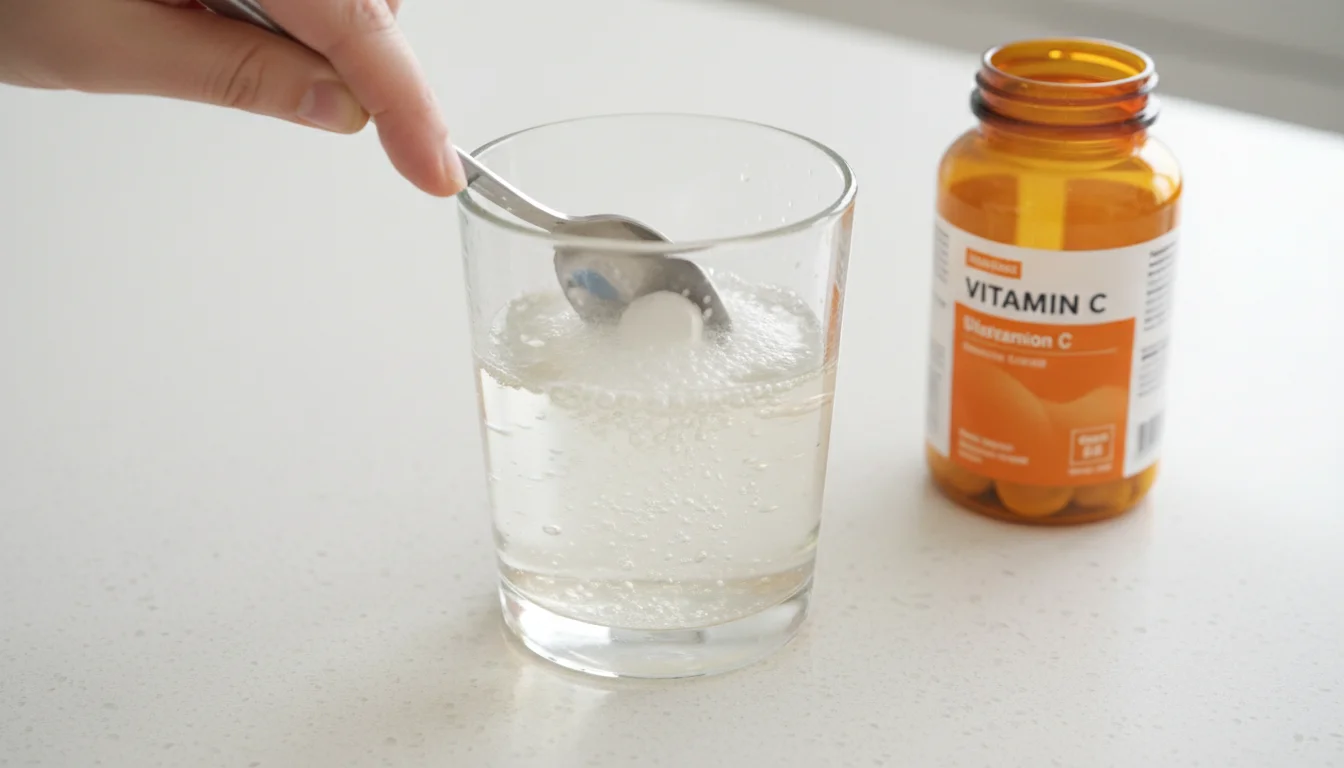 Crushing vitamin C tablet into water to neutralize bleach smell on fabric and skin