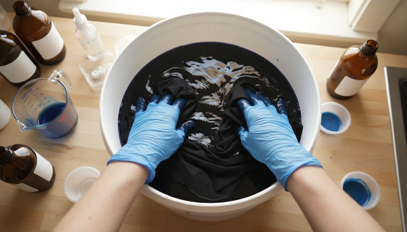 hands dyeing black shirt in bucket of fabric dye