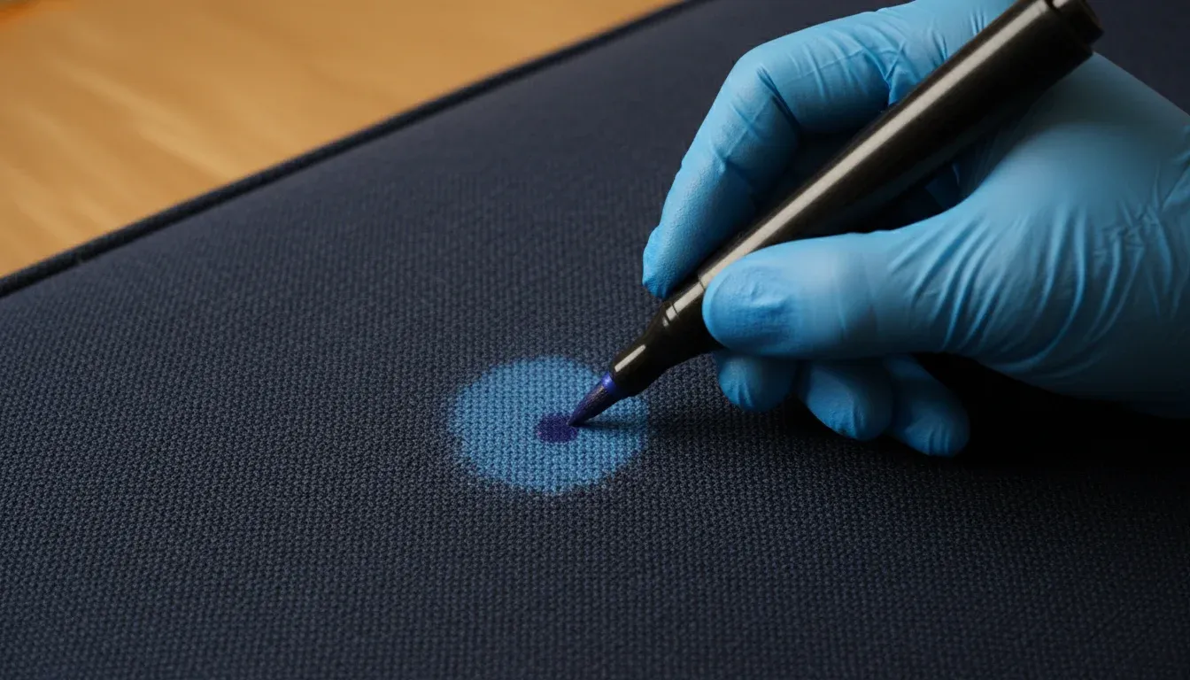 hand dabbing fabric marker onto bleach stain on upholstery