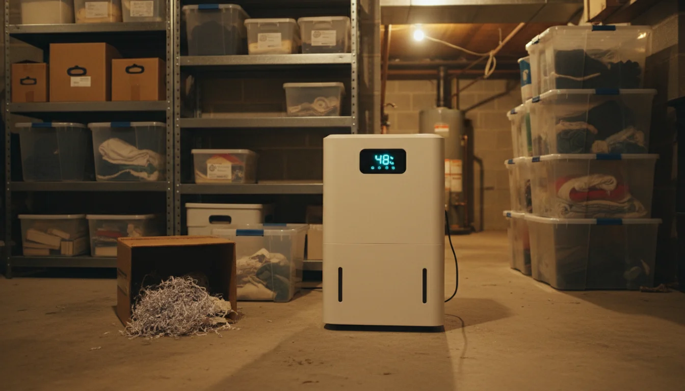 Portable dehumidifier running in basement storage area showing 48% humidity with plastic bins replacing cardboard boxes