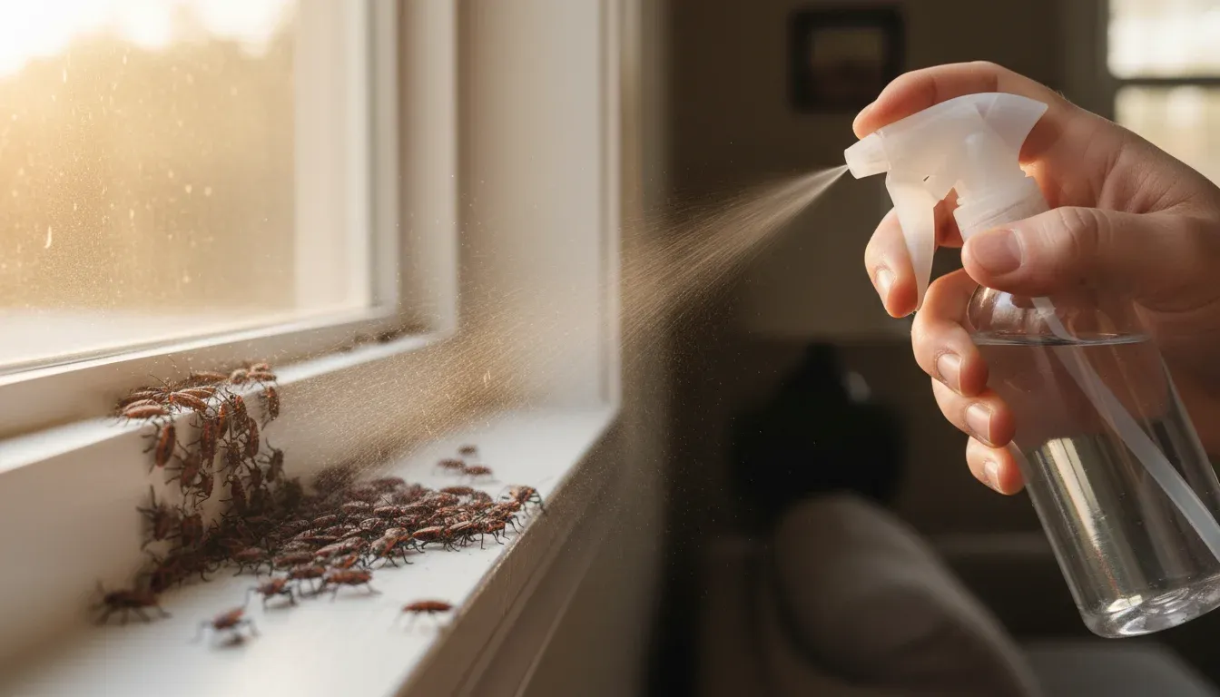 spraying dish soap solution on boxelder bugs