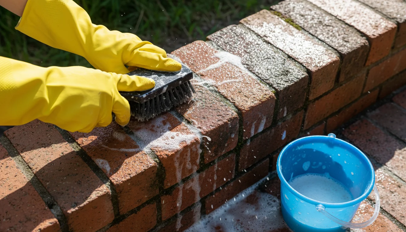 Person scrubbing brick with nylon brush and cleaning solution