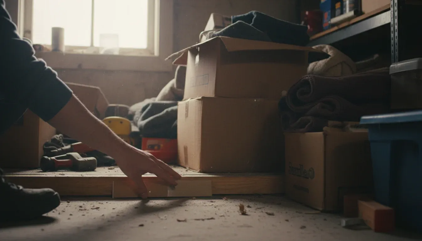 Hand placing sticky trap along baseboard near cardboard boxes