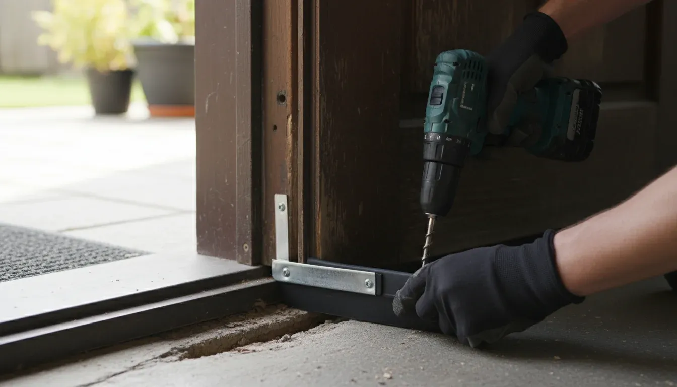 Hands installing rubber door sweep on bottom of exterior door