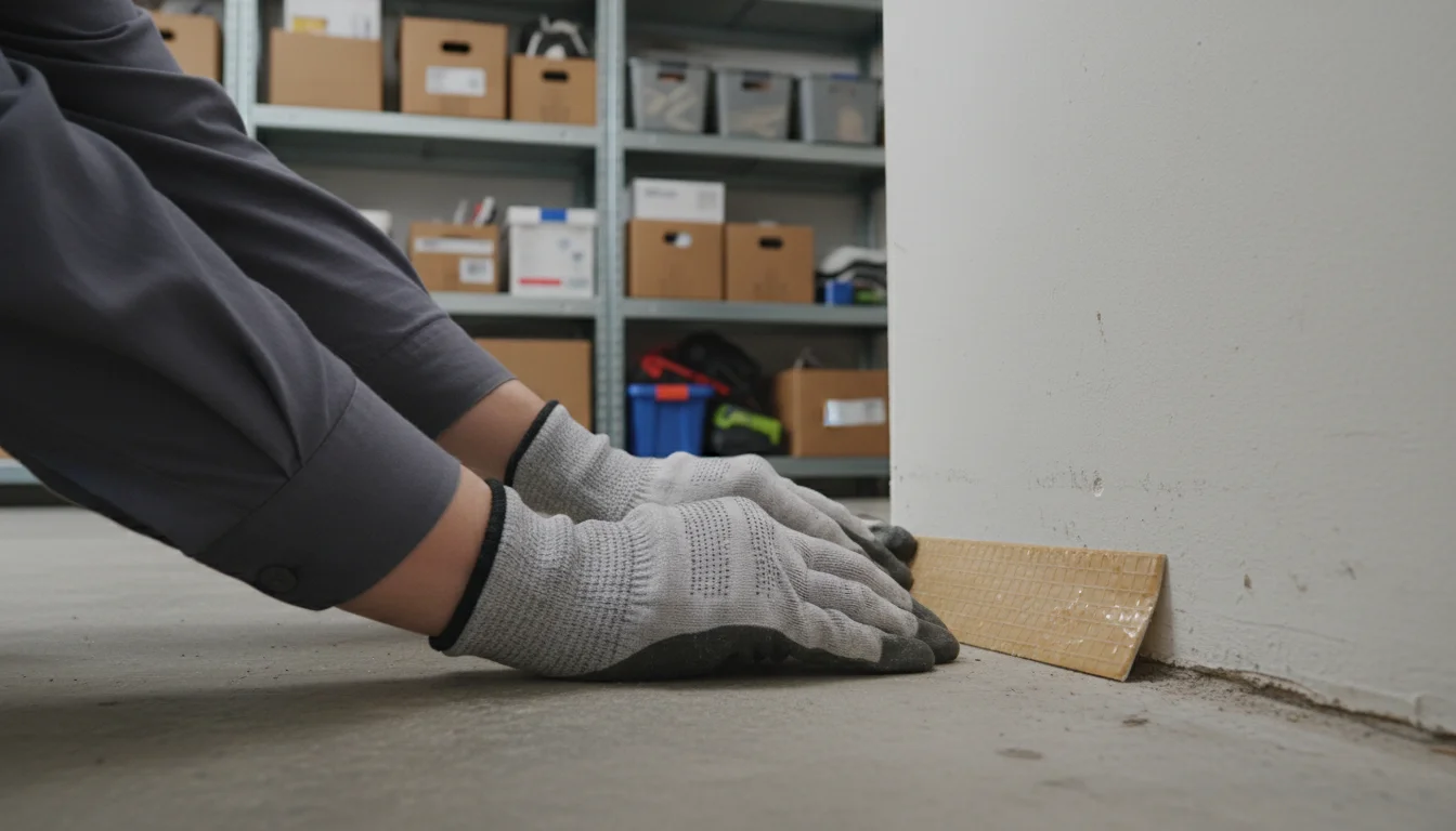 Gloved hands placing sticky trap along garage baseboard