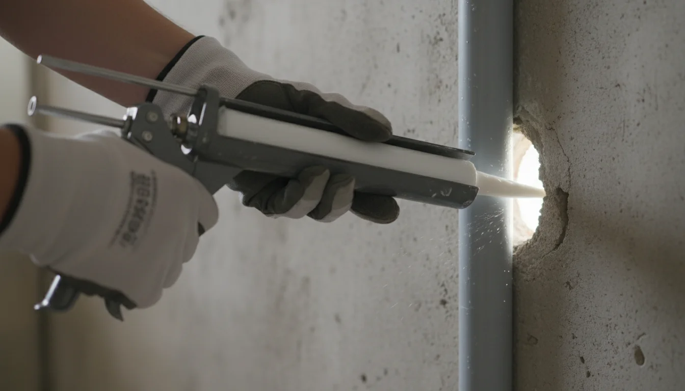 Applying caulk to seal gap around pipe at foundation