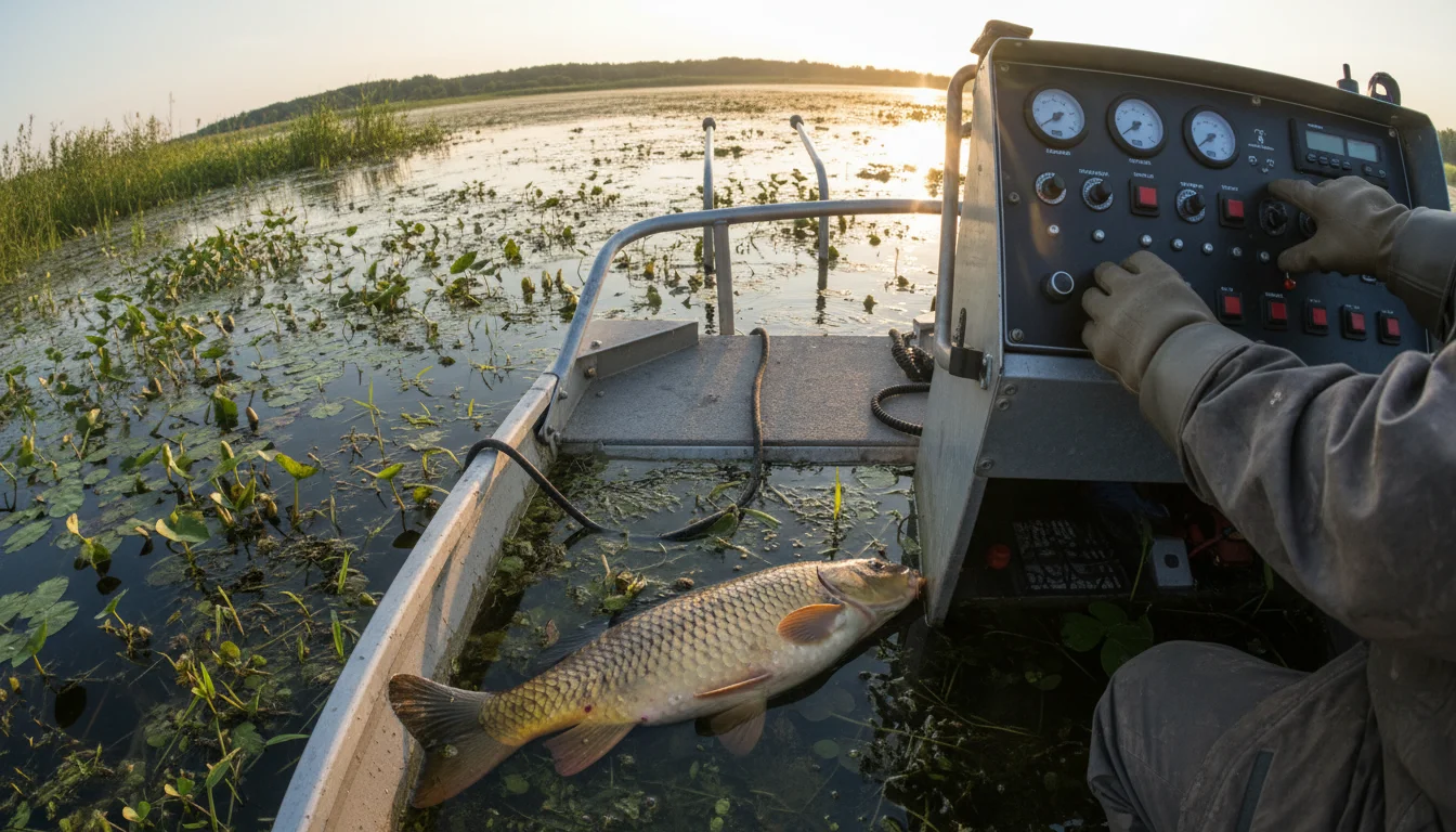 electrofishing operation stunning carp in shallow spawning area