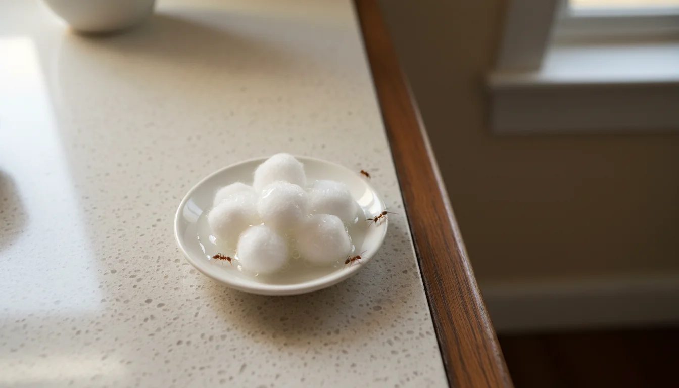 Cotton ball borax bait set out near baseboard for carpenter ants