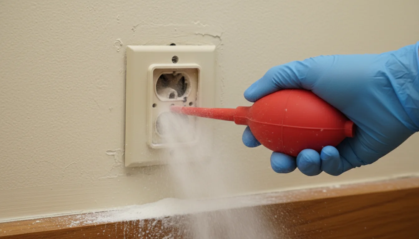 Applying insecticide dust into wall void through outlet opening