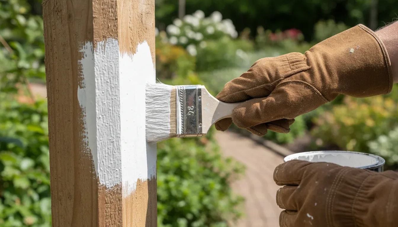 Gloved hands painting a wooden fence post with a brush